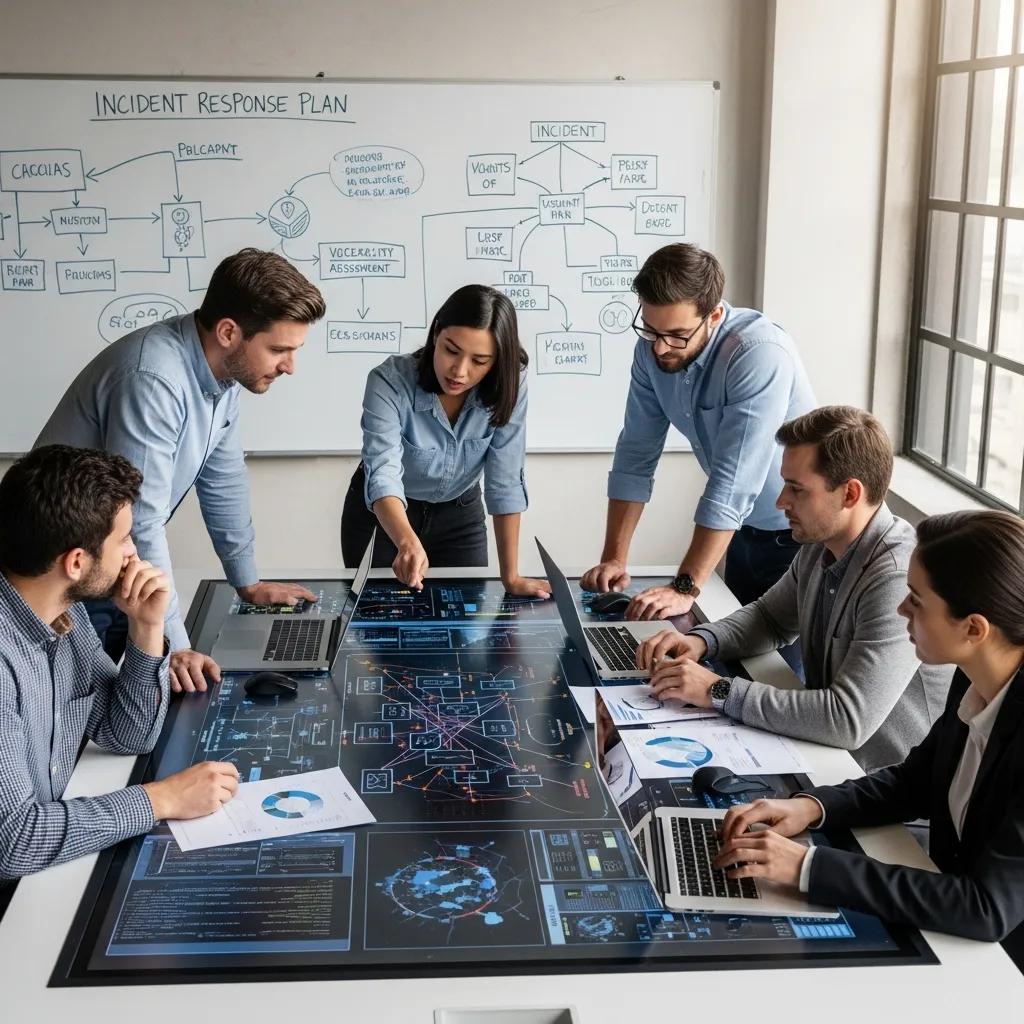 Cybersecurity team collaborating on incident response strategy in a modern office