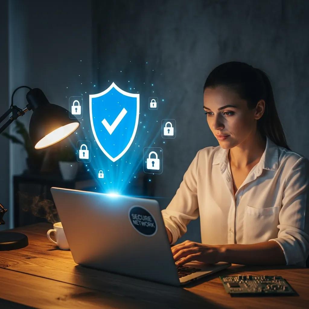 Small business owner focused on cyberattacks in a cozy office setting