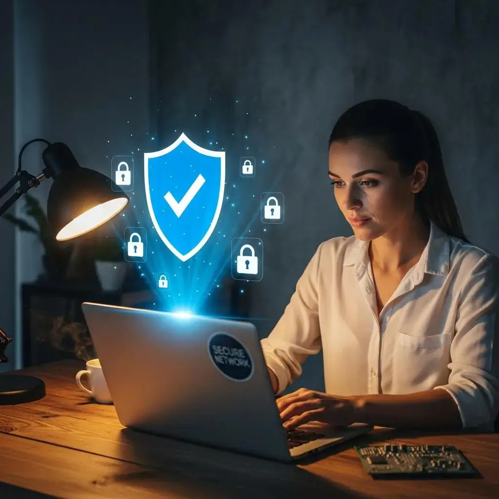 Small business owner focused on cyberattacks in a cozy office setting