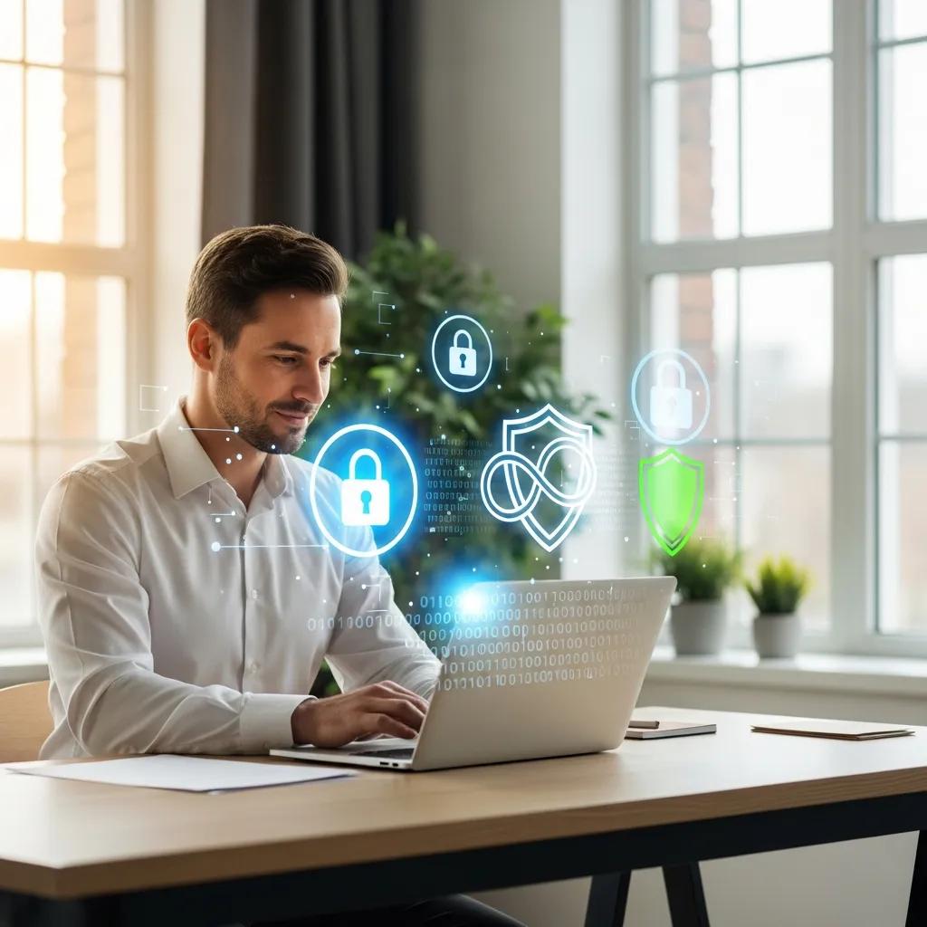 Small business owner focused on data protection with digital security elements