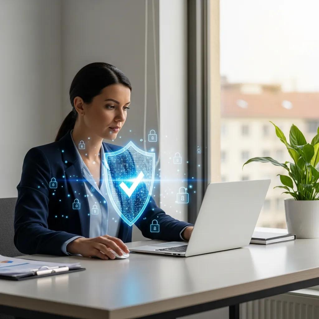 Small business owner in a modern office focusing on cybersecurity measures