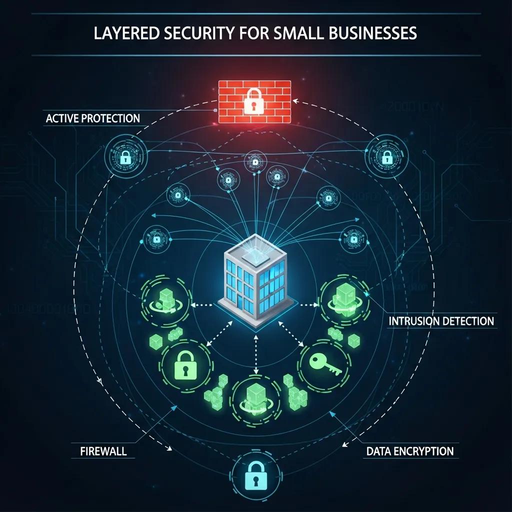 Diagram showing multiple layers of small business cybersecurity protecting a network