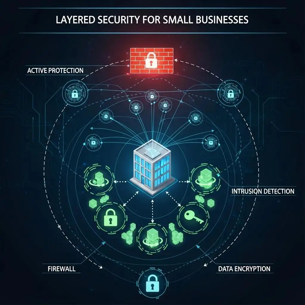 Diagram showing multiple layers of small business cybersecurity protecting a  network