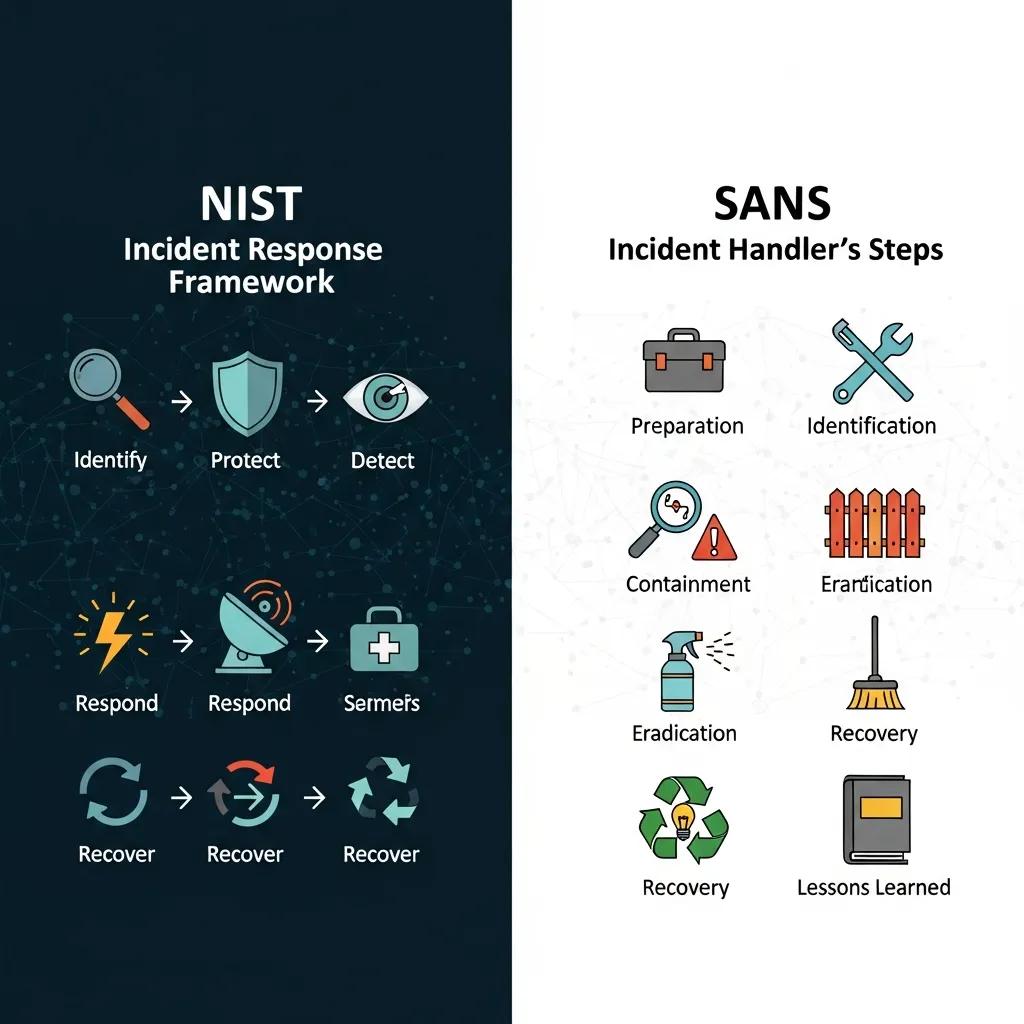 Diagram comparing NIST and SANS incident response frameworks for SMBs